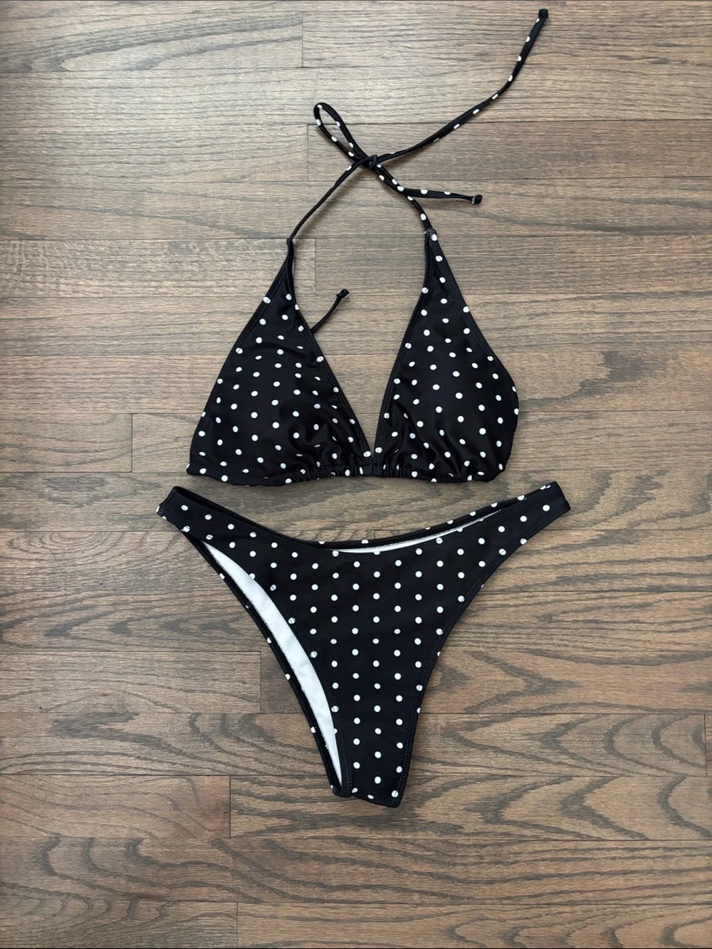 Black Polka Dot Halter Bikini Top & Bottom - Women Swim
